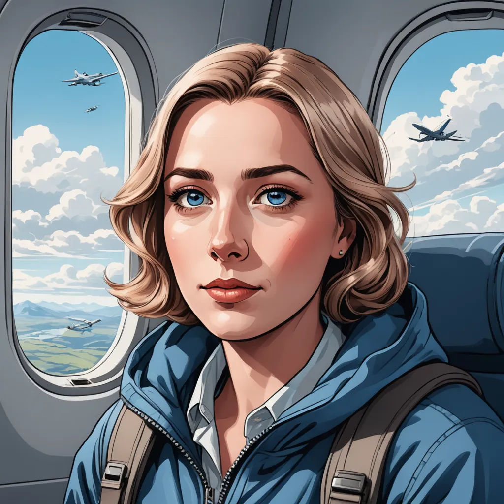 a woman with a backpack looking out of an airplane window at the sky and planes flying overhead in the sky, serial art, a character portrait, Dan Mumford, ultra realistic illustration
