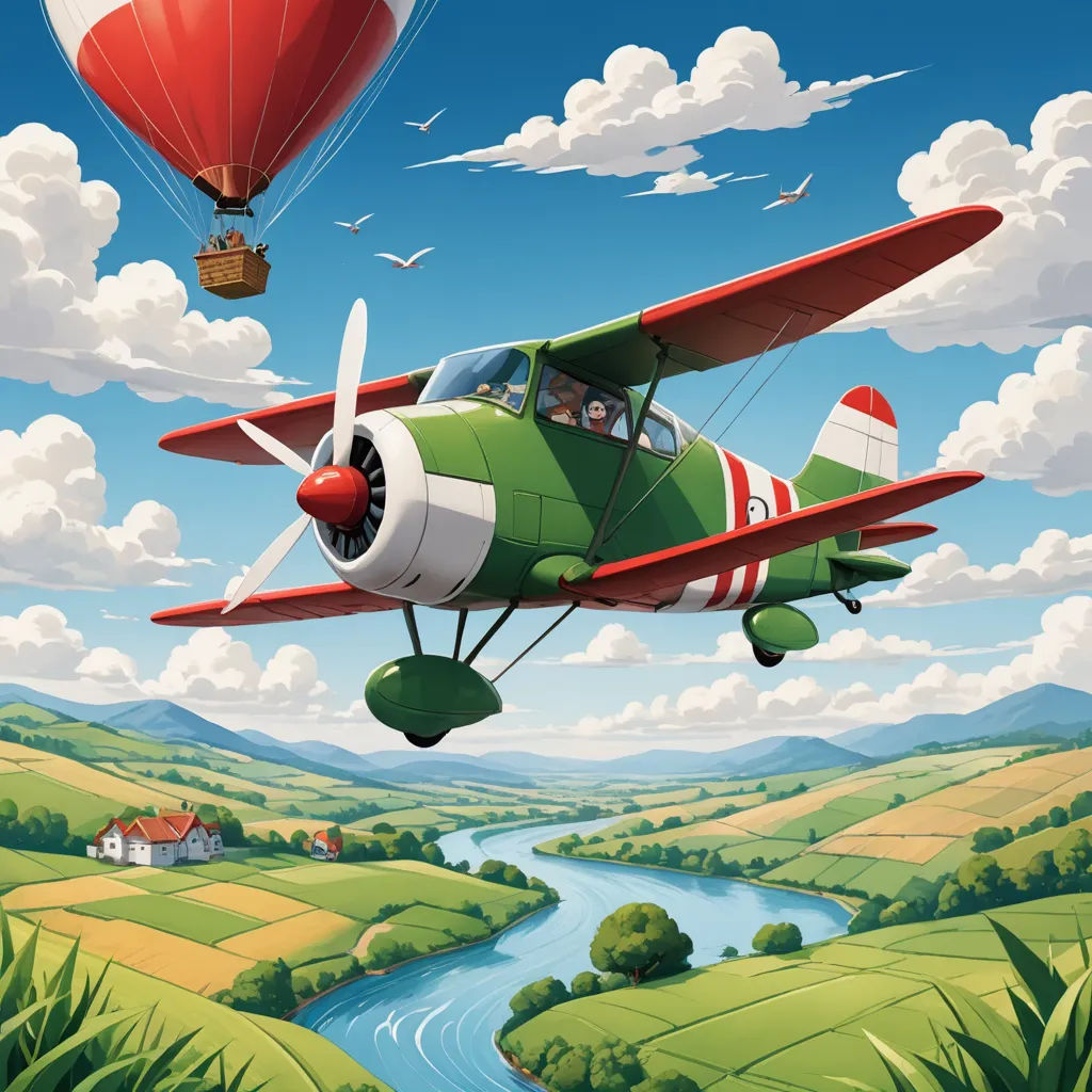 a painting of a green airplane flying over a river and a hot air balloon in the sky above a green valley, precisionism, a storybook illustration, Cliff Childs, highly detailed digital painting
