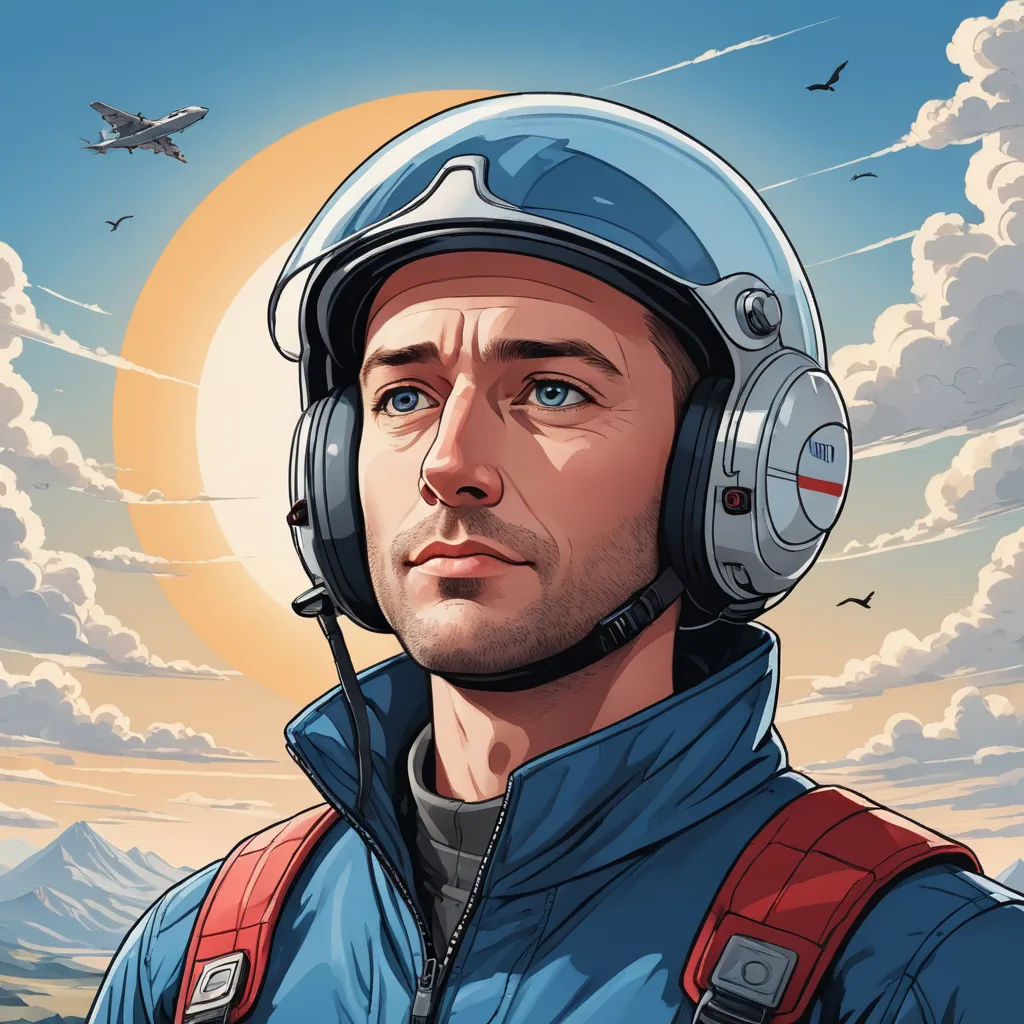 a man wearing a helmet and a blue jacket with a red vest and a red backpack on his shoulder, space art, a character portrait, Filip Hodas, josan gonzales and dan mumford