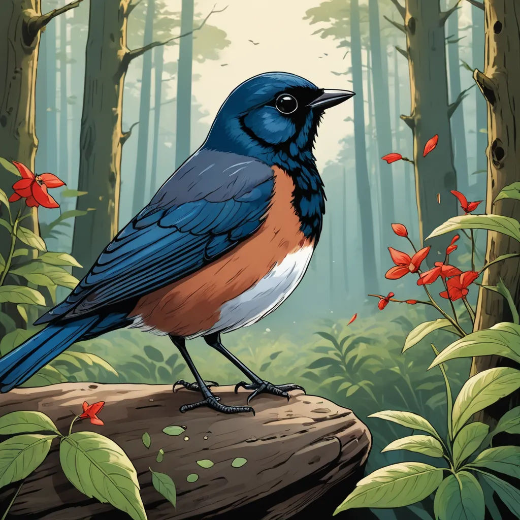 a bird is sitting on a rock in the woods with red flowers and leaves around it, and a forest background, environmental art, a storybook illustration, Dan Mumford, josan gonzales and dan mumford