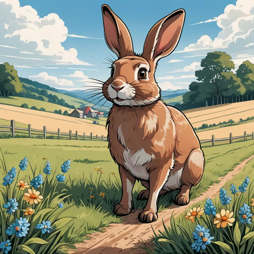 a rabbit is sitting on a path in a field of flowers and grass with a farm in the background, furry art, a storybook illustration, Chris LaBrooy, josan gonzales and dan mumford
