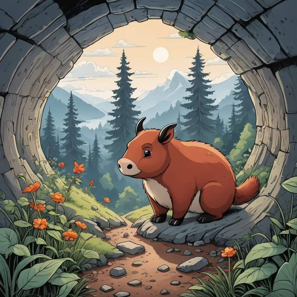 a red fox sitting on a rock in a tunnel with a forest view in the background and a sun setting, sots art, a storybook illustration, Chris LaBrooy, 2 d game art