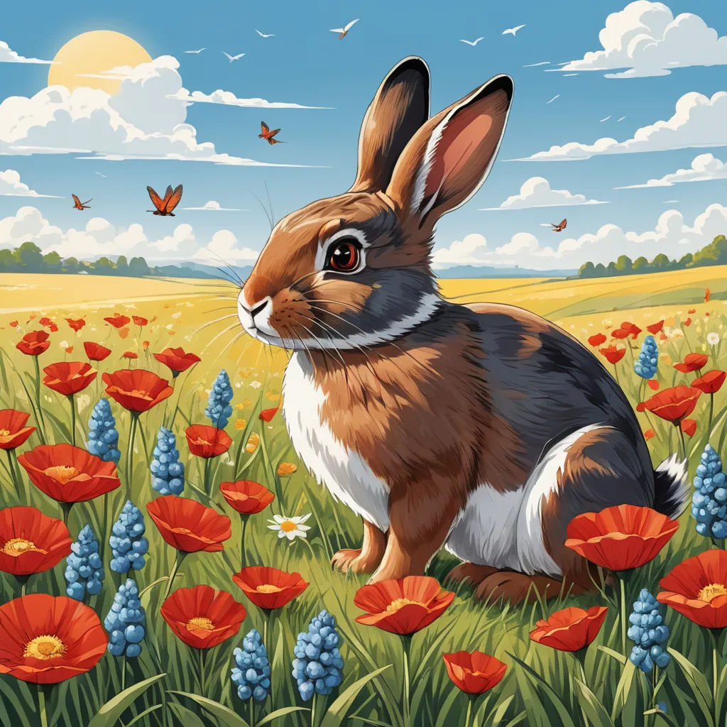 a rabbit sitting in a field of flowers with a butterfly flying overhead in the background of the painting,, furry art, a storybook illustration, Chris LaBrooy, official art
