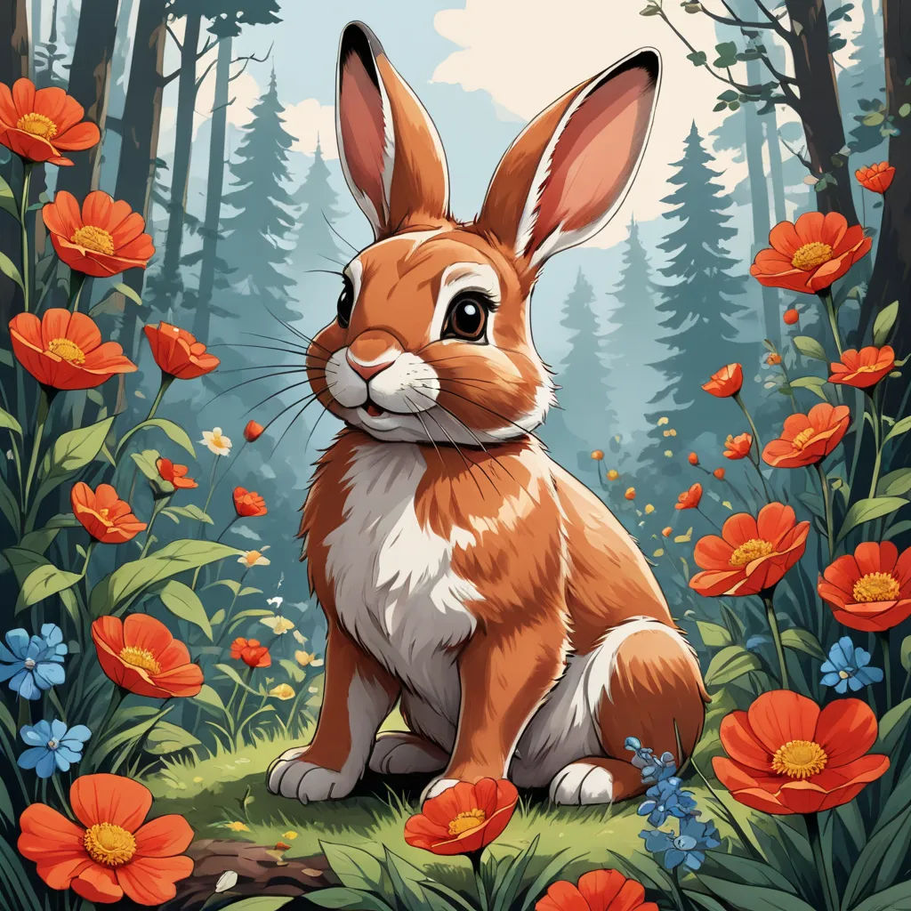 a rabbit sitting in the middle of a forest with red flowers and trees in the background, with a blue sky and clouds, furry art, a character portrait, Chris LaBrooy, rossdraws global illumination