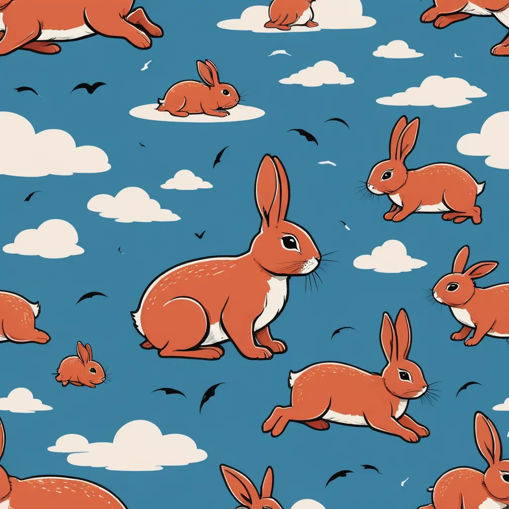 a group of rabbits sitting on top of a blue surface with clouds and birds in the sky behind them, furry art, a storybook illustration, Annabel Kidston, plain background