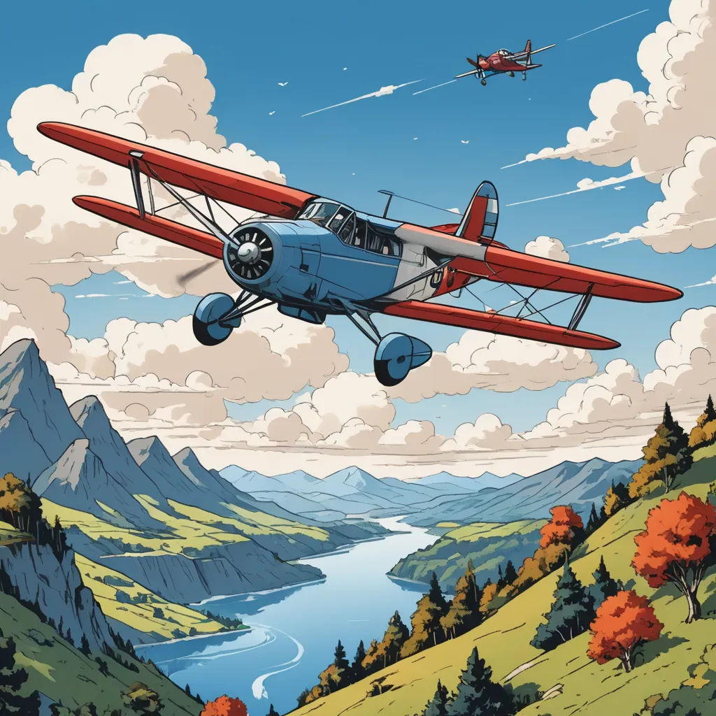 a red and blue plane flying over a mountain range with a lake below it and a mountain range in the background, environmental art, a comic book panel, Dan Mumford, josan gonzales and dan mumford