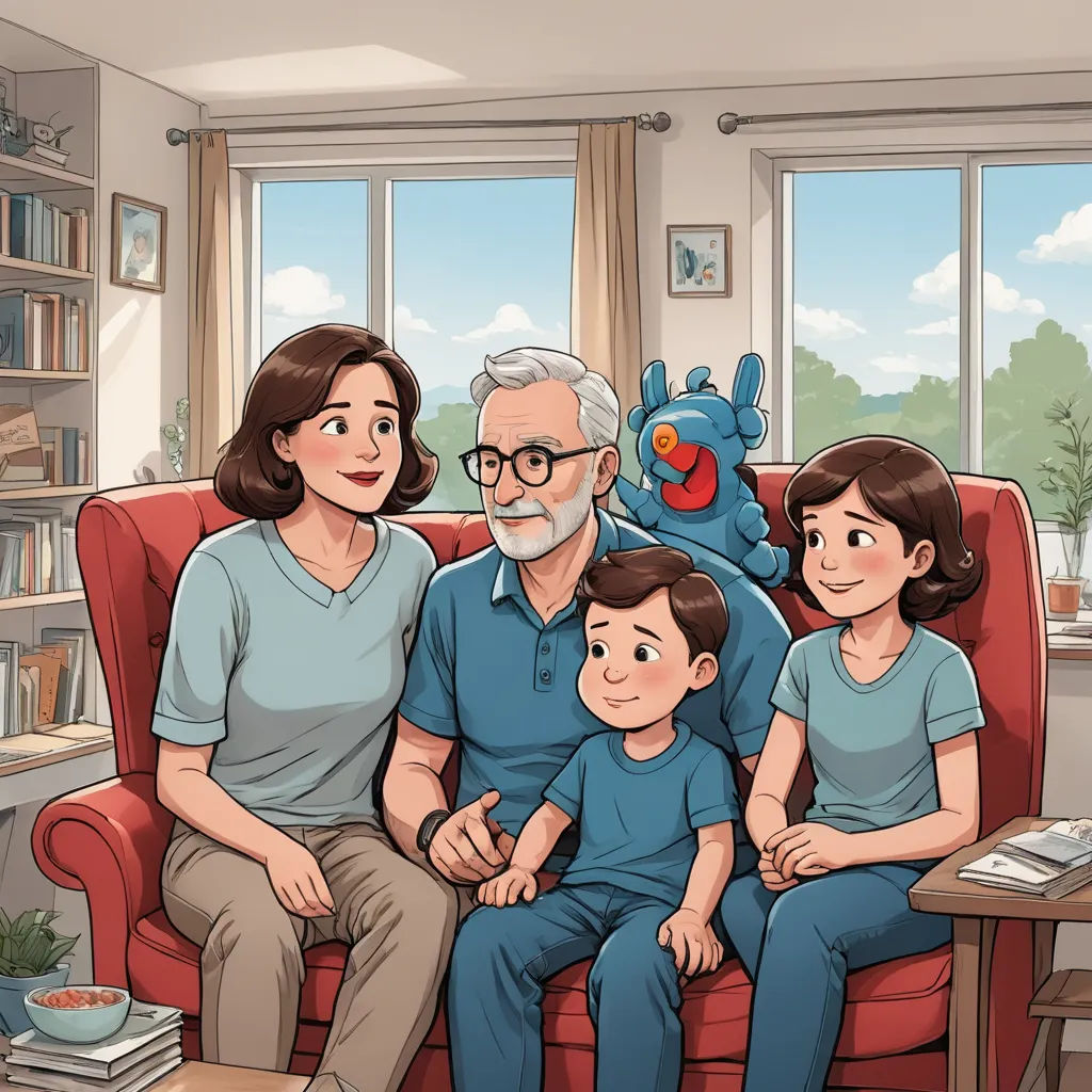 a family sitting on a couch in a living room with a sesame character on the wall behind them and a window behind them, sots art, a storybook illustration, Adam Rex, storybook illustration