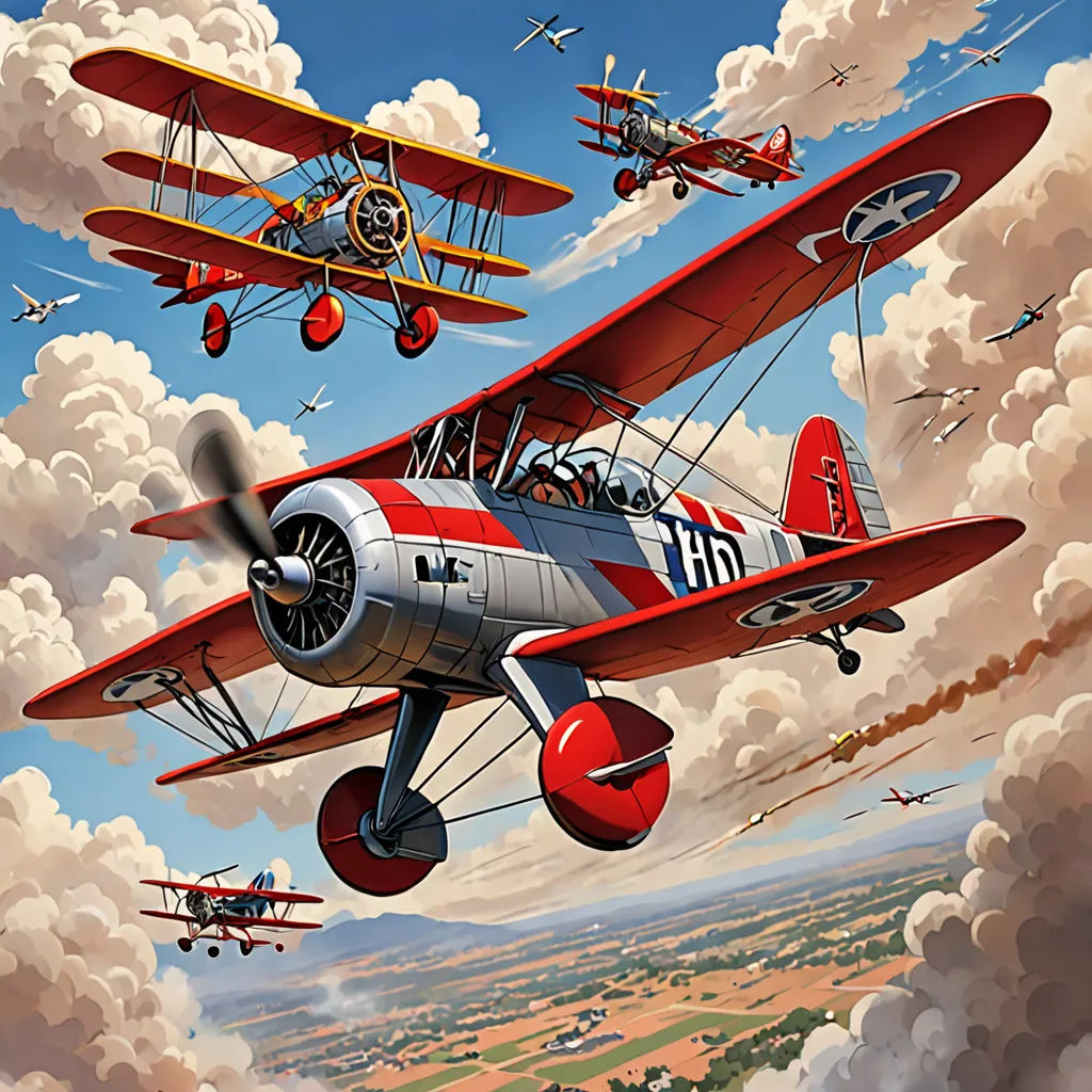 a painting of two airplanes flying in the sky with clouds in the background and a man standing on the ground, precisionism, a detailed painting, Brothers Hildebrandt, 2 d game art