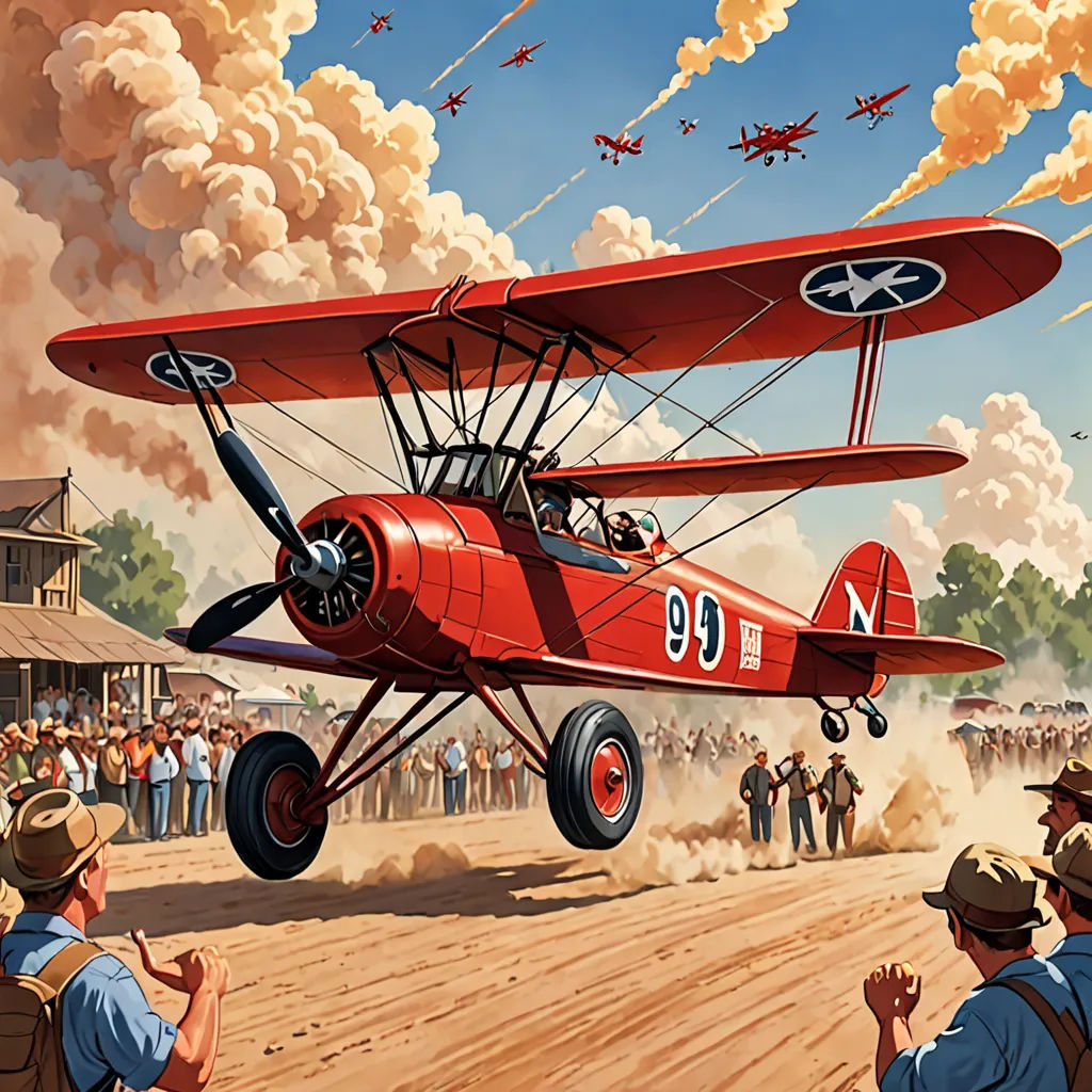 a painting of a red biplane flying over a crowd of people in a field with smoke pouring out of the sky, american scene painting, a storybook illustration, Barron Storey, western comic book art