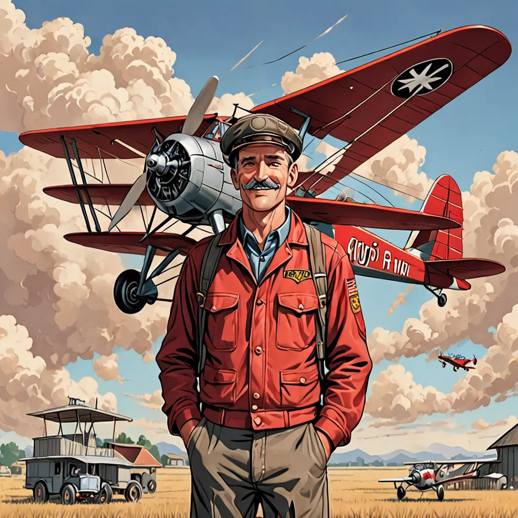 a man in a red uniform standing in front of a red airplane with a pilot standing next to it, precisionism, a character portrait, Alson S. Clark, western comic book art