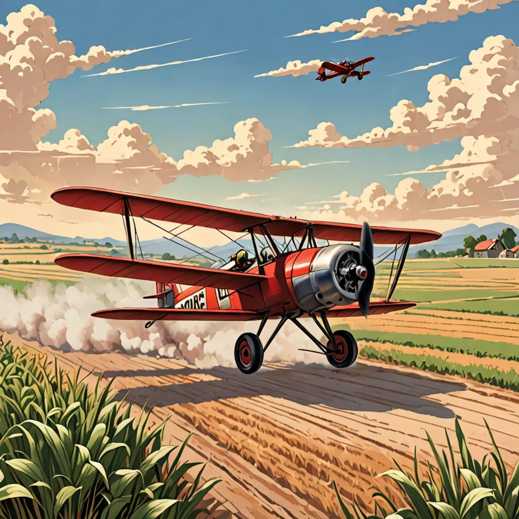 a red biplane is flying over a field of crops and a dirt road with a red car driving by, american scene painting, a storybook illustration, Cliff Childs, dieselpunk