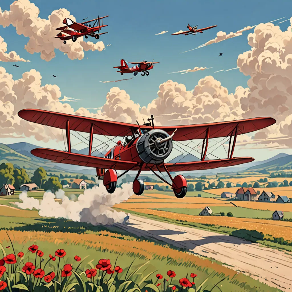 a painting of a red biplane flying over a field of red flowers and a road with a few planes flying overhead, american scene painting, a comic book panel, Brothers Hildebrandt, dieselpunk