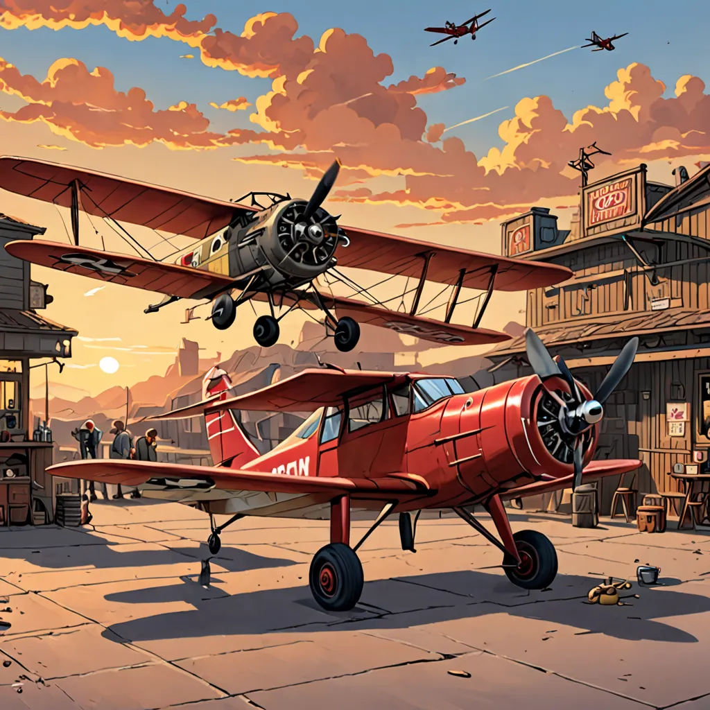a painting of a red plane flying over a town at sunset with a person standing on the sidewalk looking at it, american scene painting, a comic book panel, Cliff Childs, dieselpunk