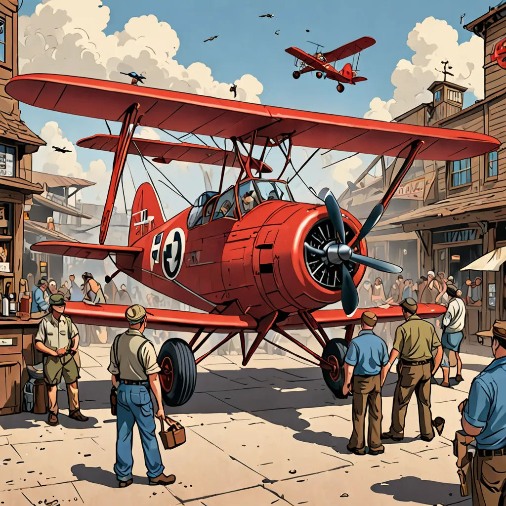 a painting of a red plane with people standing around it and a man standing next to it with a suitcase, american scene painting, a comic book panel, F Scott Hess, western comic book art