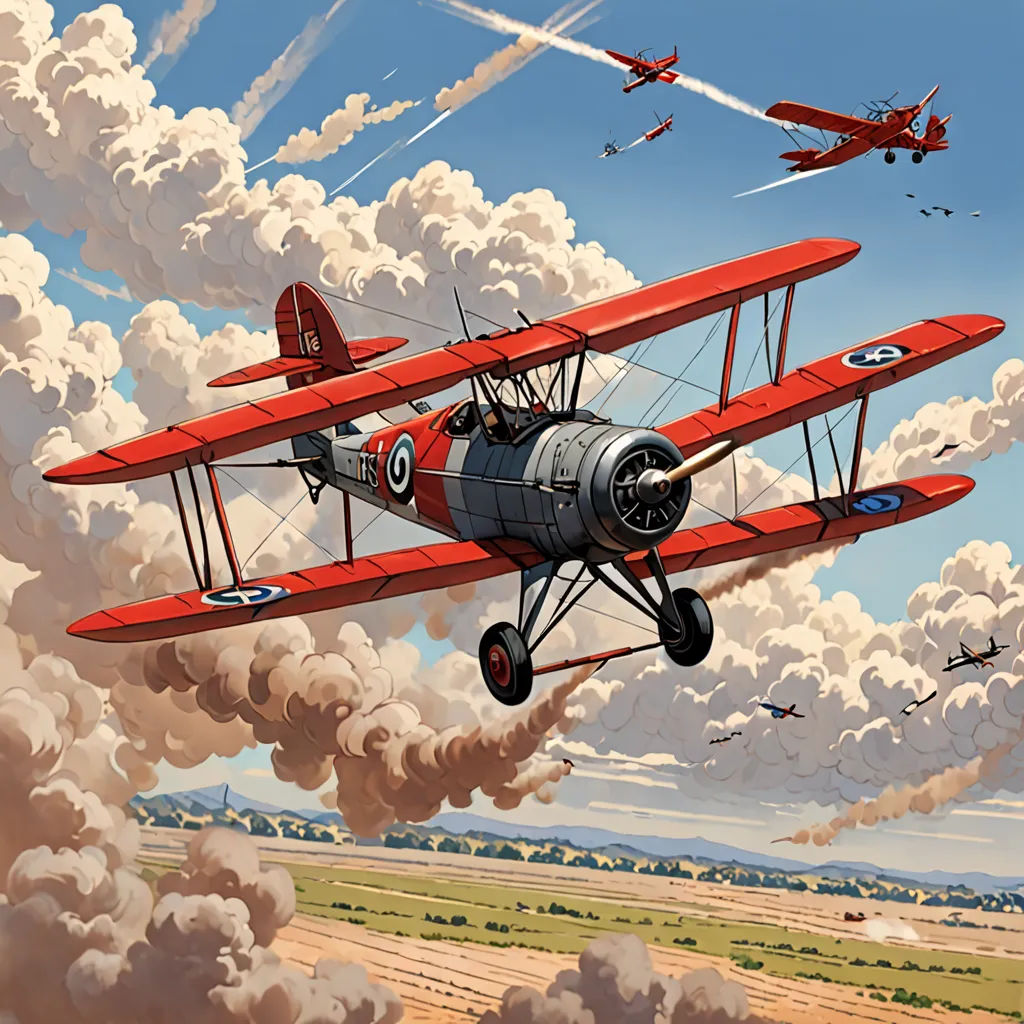 a painting of a red biplane flying in the sky with other planes in the background and clouds in the sky, precisionism, an ultrafine detailed painting, Brothers Hildebrandt, red