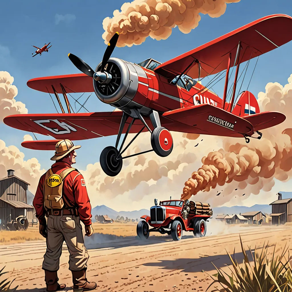 a painting of a man standing next to a red plane with smoke coming out of it and a red truck in the background, american scene painting, an airbrush painting, Brothers Hildebrandt, western comic book art