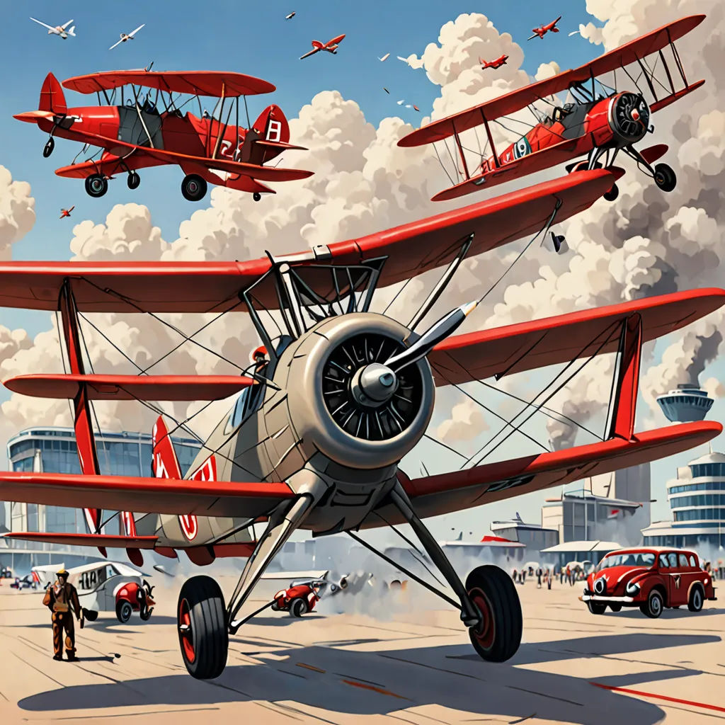 a painting of a red biplane flying over a city with other planes in the sky and people standing around, art deco, an art deco painting, Brothers Hildebrandt, dieselpunk