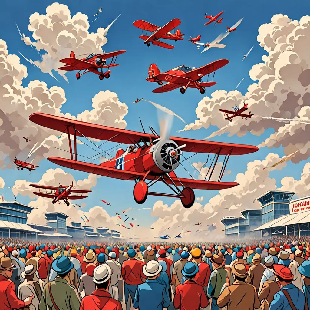a painting of a crowd of people watching airplanes fly overhead in the sky above a stadium with red planes, precisionism, a comic book panel, Dan Mumford, comic cover art