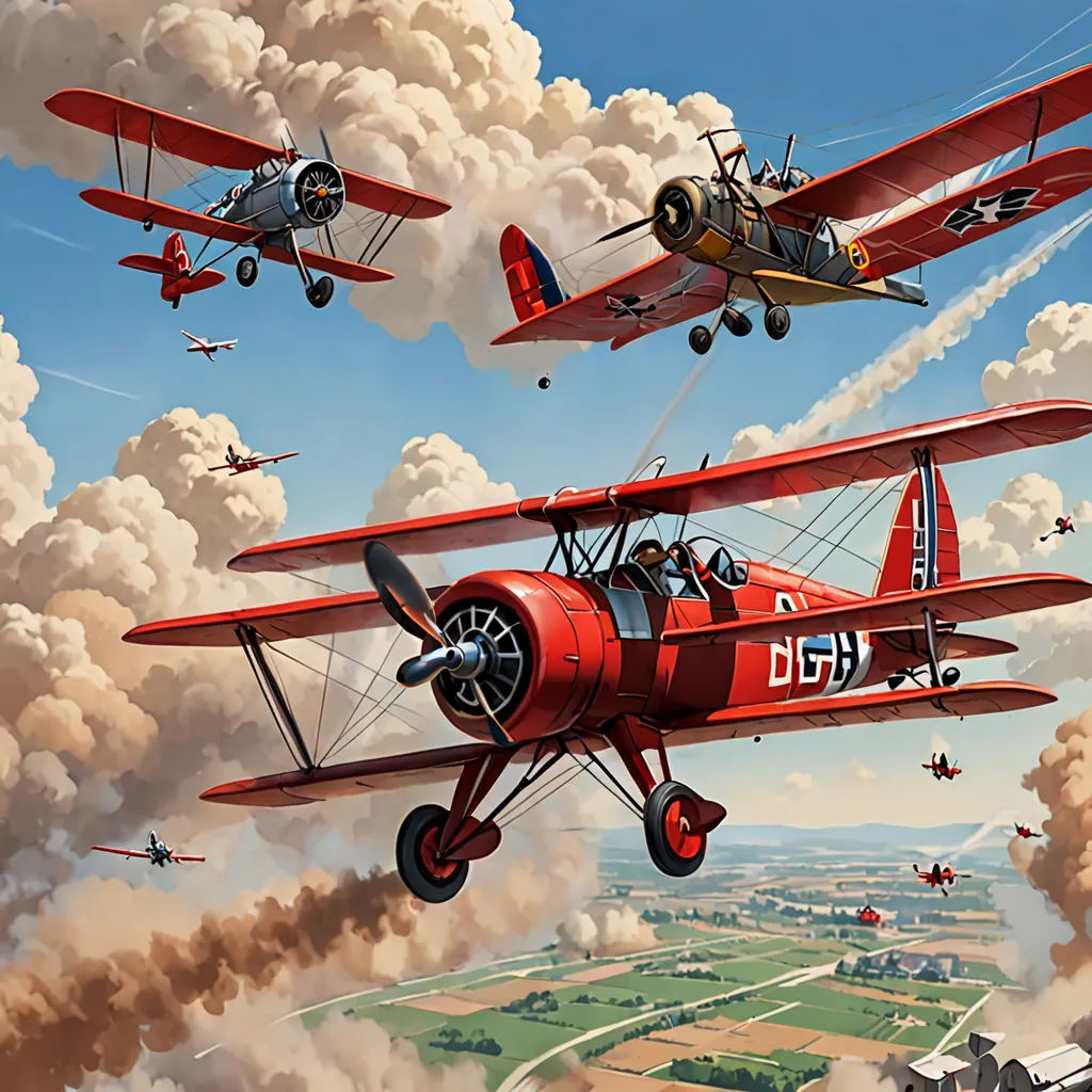 a painting of three red airplanes flying in the sky with smoke coming out of them and a few other planes flying in the sky, american scene painting, an ultrafine detailed painting, Brothers Hildebrandt, dieselpunk