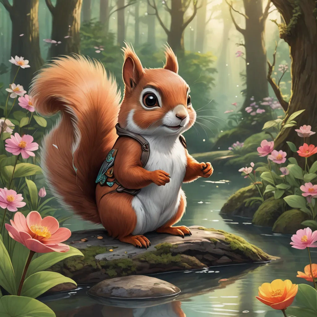a squirrel is standing on a rock in the woods with flowers and a stream in the background, and a forest with flowers and a stream running through it, sots art, a character portrait, Chris LaBrooy, magic the gathering artwork