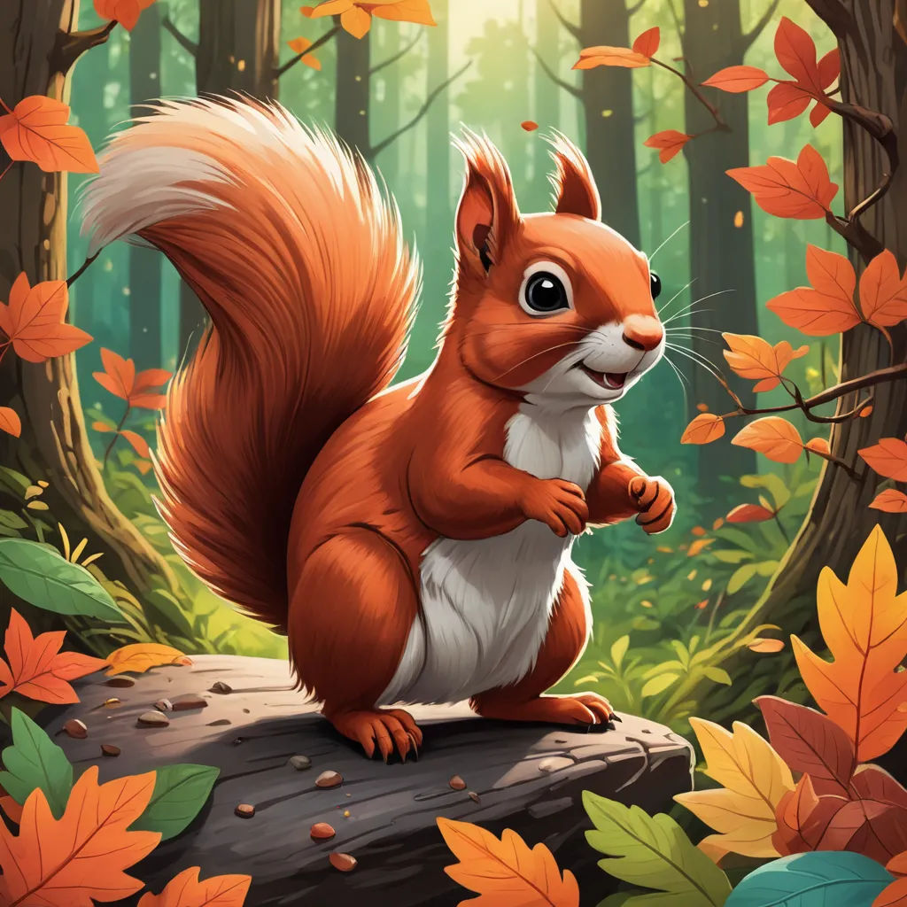 a squirrel standing on a log in a forest with leaves around it and a sun shining through the trees, furry art, a character portrait, Chris LaBrooy, official art