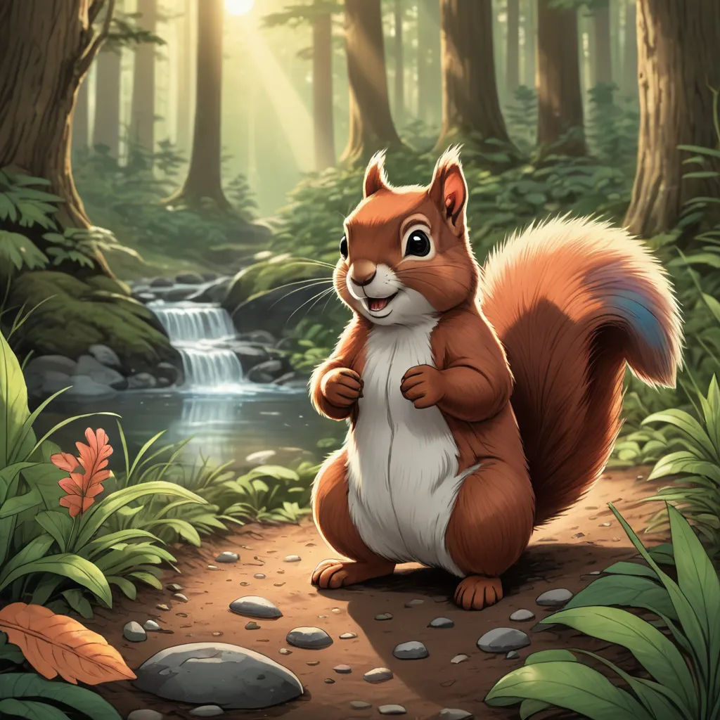 a squirrel is standing on a path in the woods with a waterfall in the background and sunlight shining through the trees, furry art, a character portrait, Chris LaBrooy, official art