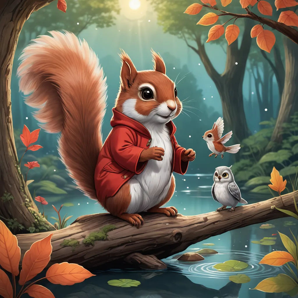 a squirrel and an owl are sitting on a tree branch in the woods, with a pond and trees in the background, fantasy art, a storybook illustration, Chris LaBrooy, official art