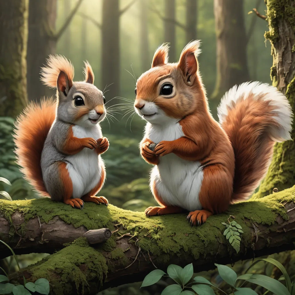 two squirrels sitting on a tree branch in the woods, one holding a nut and the other looking at the camera, furry art, an oil painting, Chris LaBrooy, official art