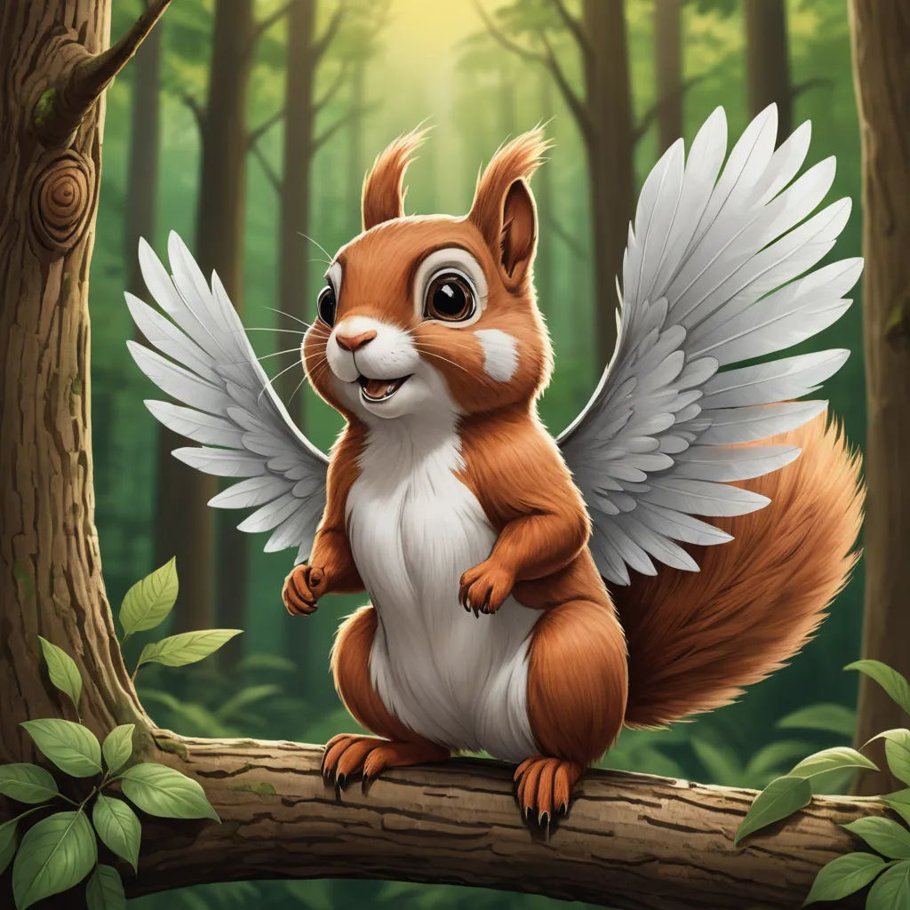 a squirrel with wings sitting on a tree branch in a forest with green leaves and a sun shining through the trees, fantasy art, an airbrush painting, Chris LaBrooy, magic the gathering artwork