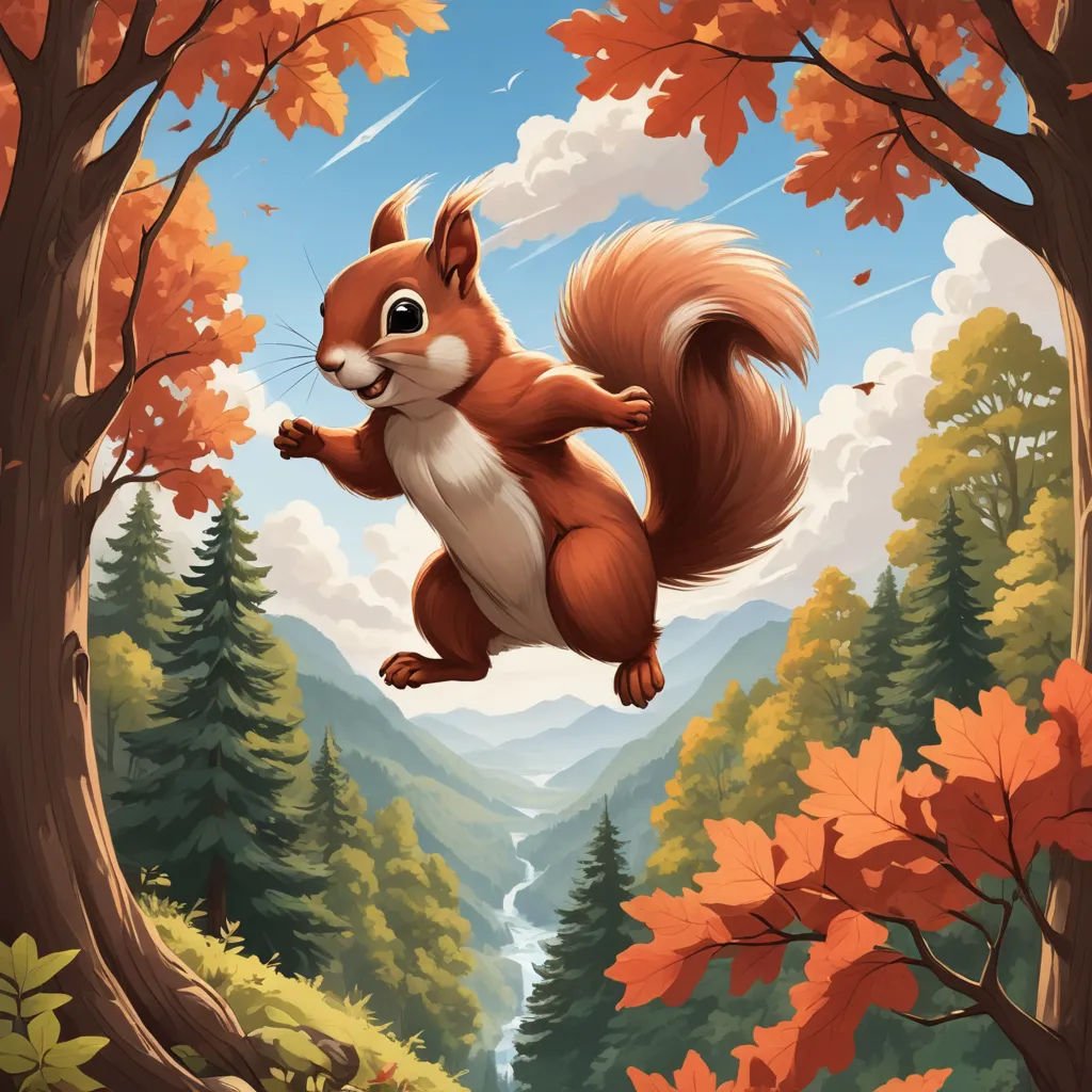a squirrel is flying through the air above a forest with trees and leaves in the fall colors of the leaves, furry art, a storybook illustration, Chris LaBrooy, trending on art station