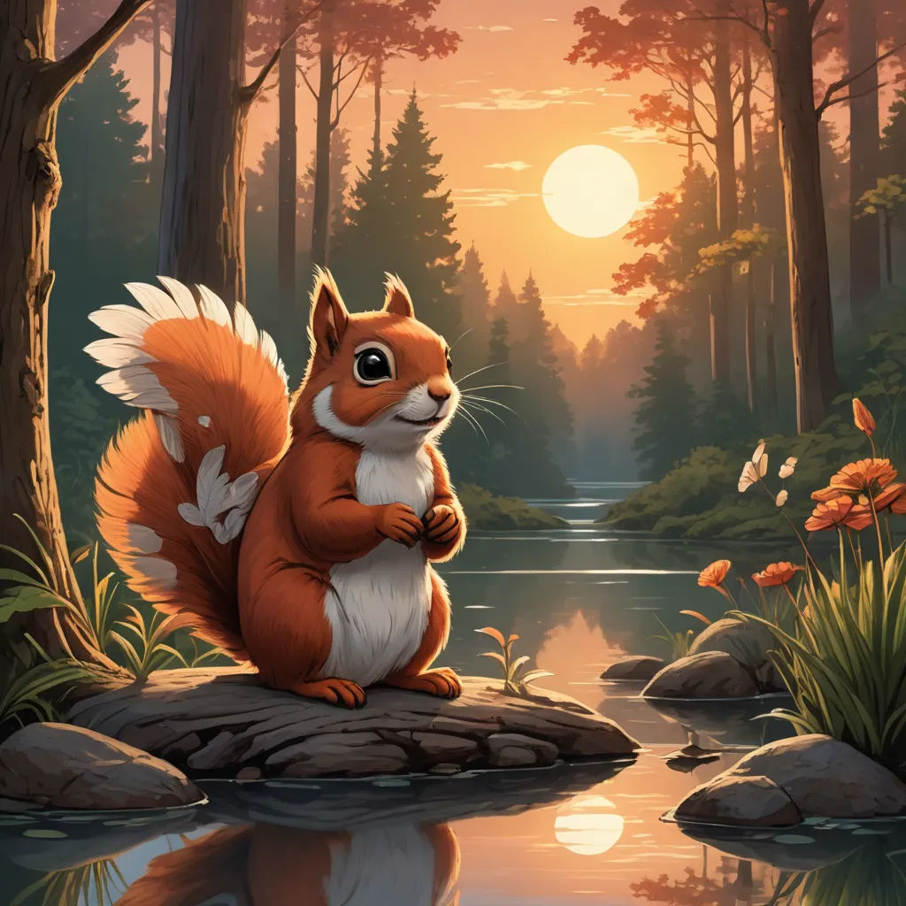 a squirrel sitting on a rock in a forest by a river at sunset or sunrise time with the sun shining, american scene painting, an airbrush painting, Chris LaBrooy, official art