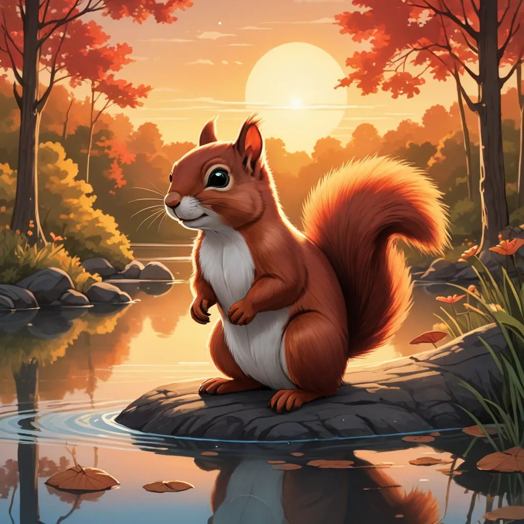 a squirrel sitting on a rock in a forest by a river at sunset or sunrise time with the sun shining, sots art, an airbrush painting, Chris LaBrooy, official art