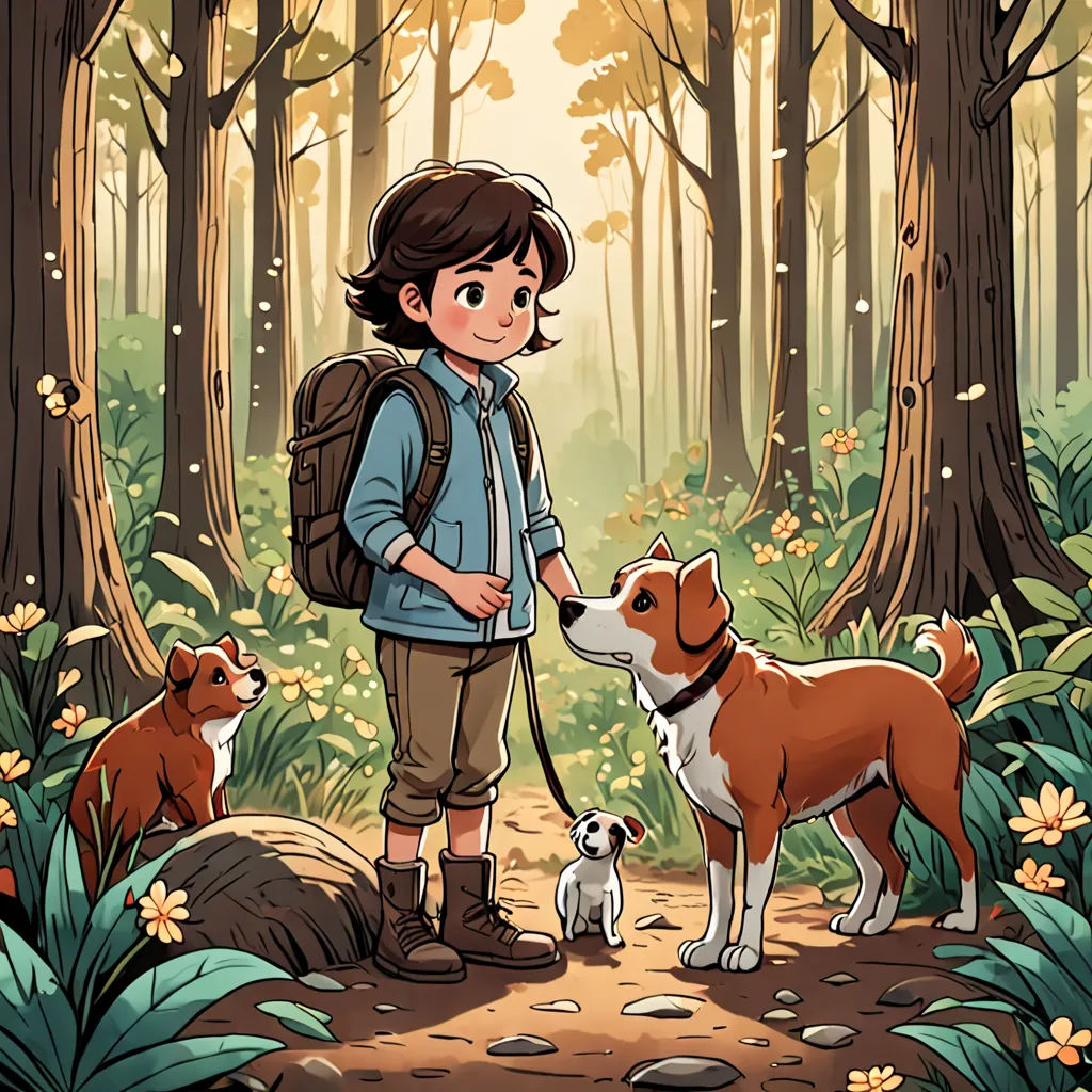 a boy and two dogs in a forest with trees and flowers on the ground and a forest background with flowers and leaves, process art, a storybook illustration, Cliff Childs, comic cover art