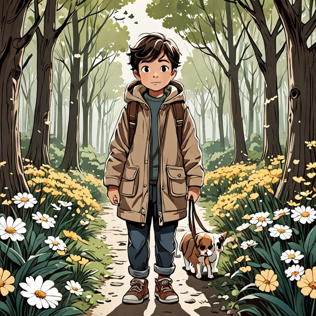 a boy walking a dog in a forest with flowers on the ground and trees in the background, with a dog on a leash, environmental art, a character portrait, Cliff Childs, comic cover art
