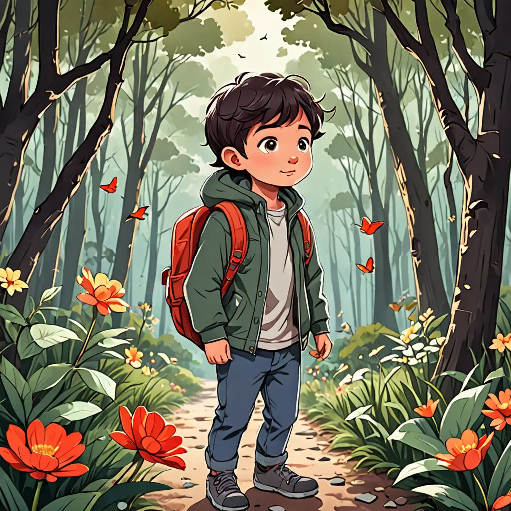 a boy with a backpack standing in a forest with flowers and butterflies around him, looking at the camera, environmental art, a storybook illustration, Cliff Childs, storybook illustration
