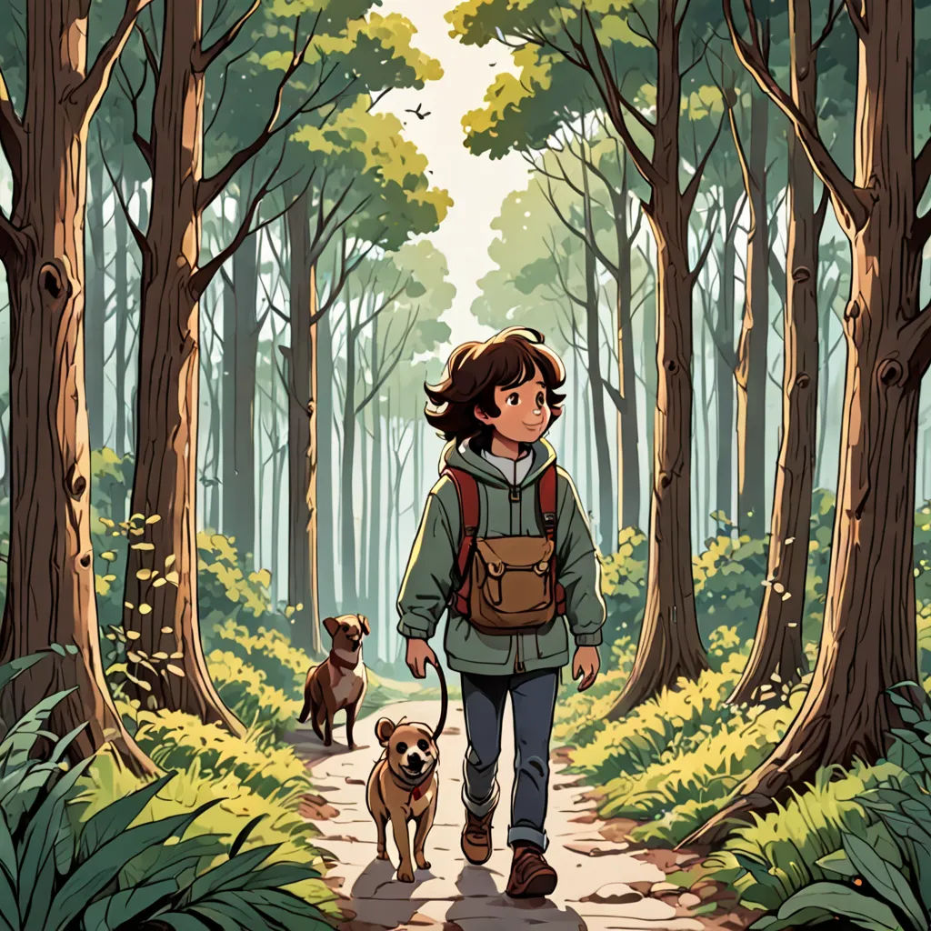 a person walking a dog in a forest with trees and bushes on either side of them and a dog on a leash, process art, a storybook illustration, Atey Ghailan, comic cover art