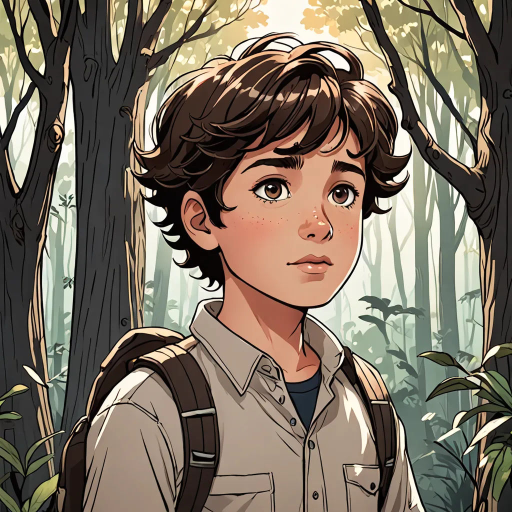 a boy with a backpack standing in a forest with trees and bushes behind him, looking at the camera, serial art, a character portrait, Diego Gisbert Llorens, comic cover art