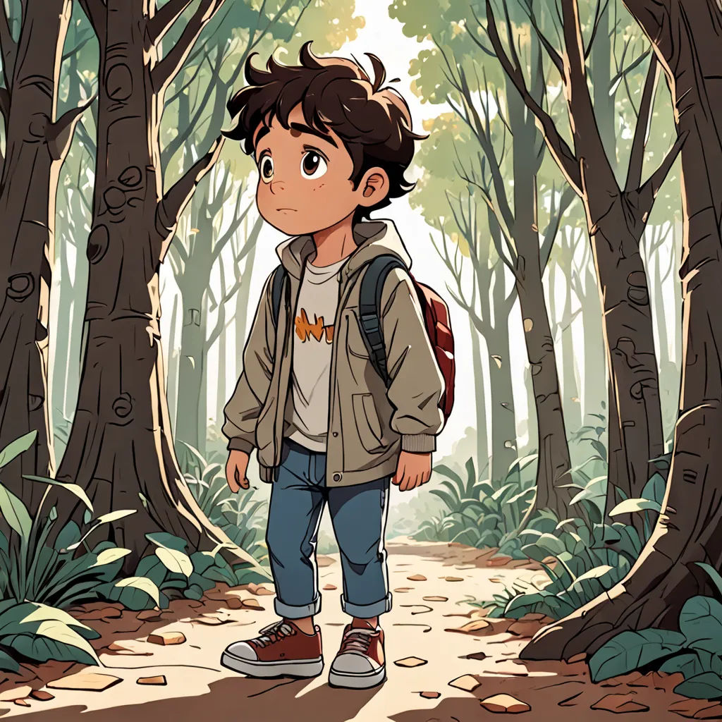 a boy with a backpack standing in the woods looking at the camera with a sad look on his face, process art, a comic book panel, Diego Gisbert Llorens, rossdraws global illumination