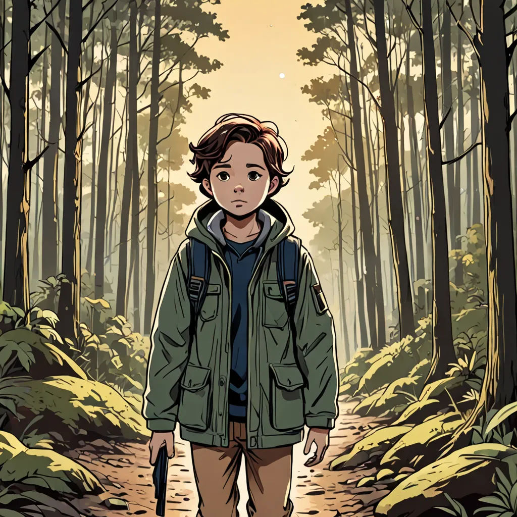 a boy in a green jacket is walking through a forest with a backpack on his back and a backpack on his shoulder, process art, poster art, Asaf Hanuka, comic cover art
