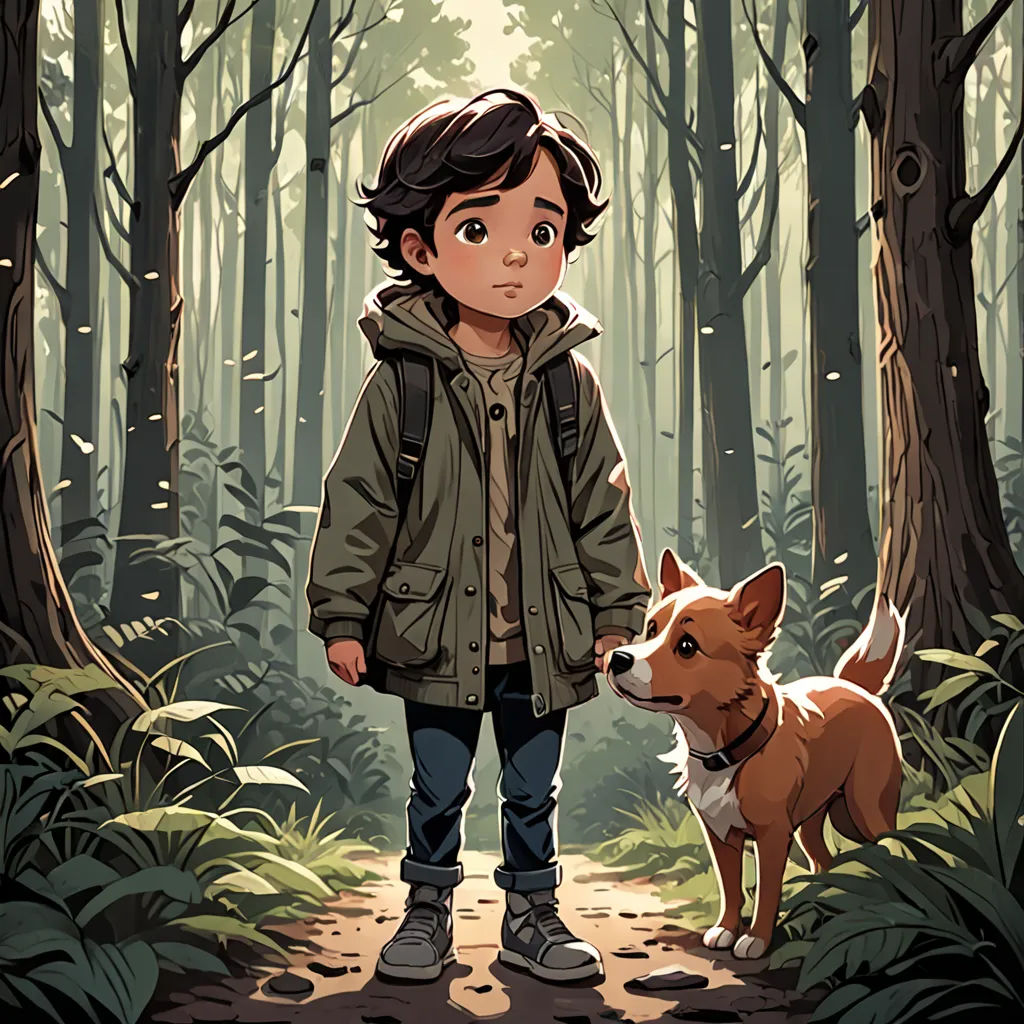 a boy and a dog standing in a forest with trees and leaves on the ground and a forest path, serial art, a character portrait, Diego Gisbert Llorens, key art