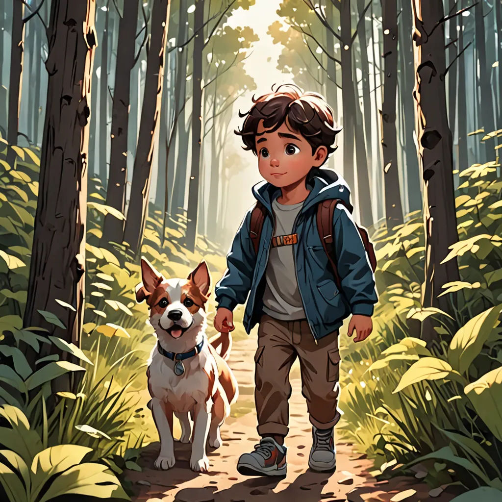 a boy walking a dog in a forest with trees and grass behind him and a forest path with trees and grass behind him, process art, a storybook illustration, Diego Gisbert Llorens, rossdraws global illumination