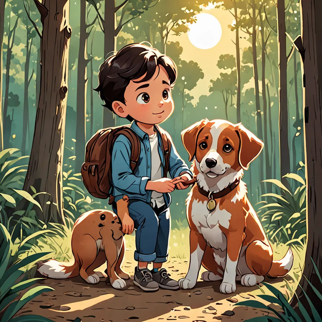 a boy and his dog are standing in the woods with the sun shining through the trees behind them and the dog is looking at the camera, serial art, a storybook illustration, Diego Gisbert Llorens, comic cover art