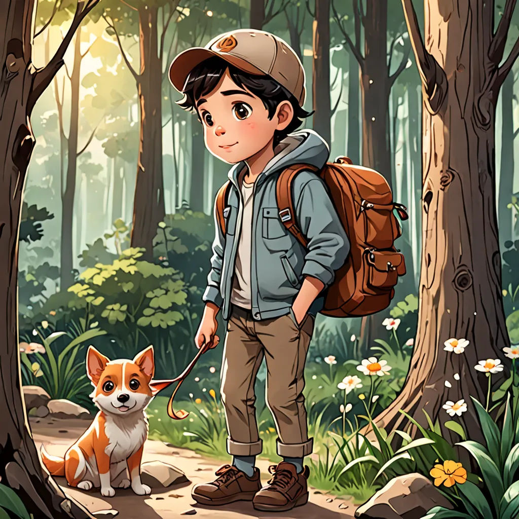 a boy with a backpack and a dog in the woods with flowers and trees around him, standing in the woods, environmental art, a character portrait, Cliff Childs, key art