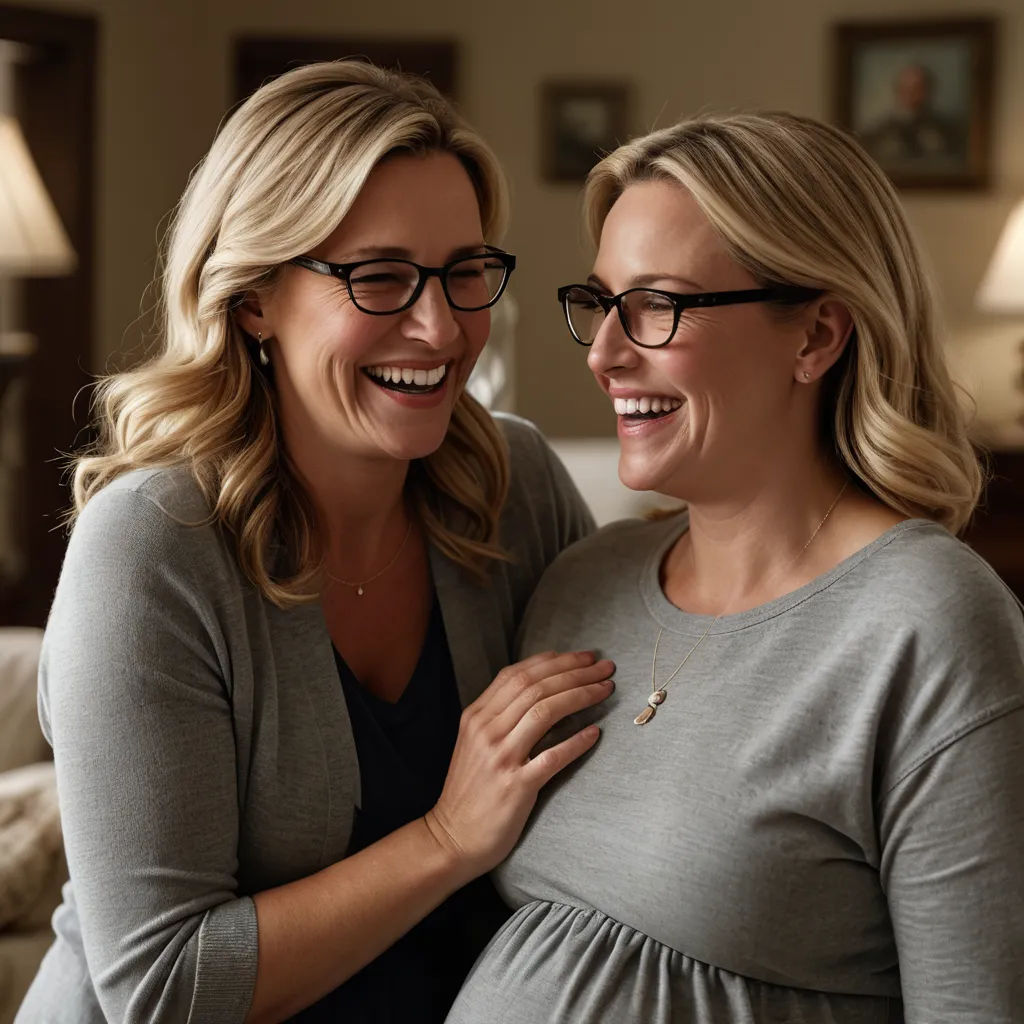 a woman and a woman smiling and hugging each other in a living room with a couch and lamps on the wall, antipodeans, a stock photo, Ada Gladys Killins, promotional image