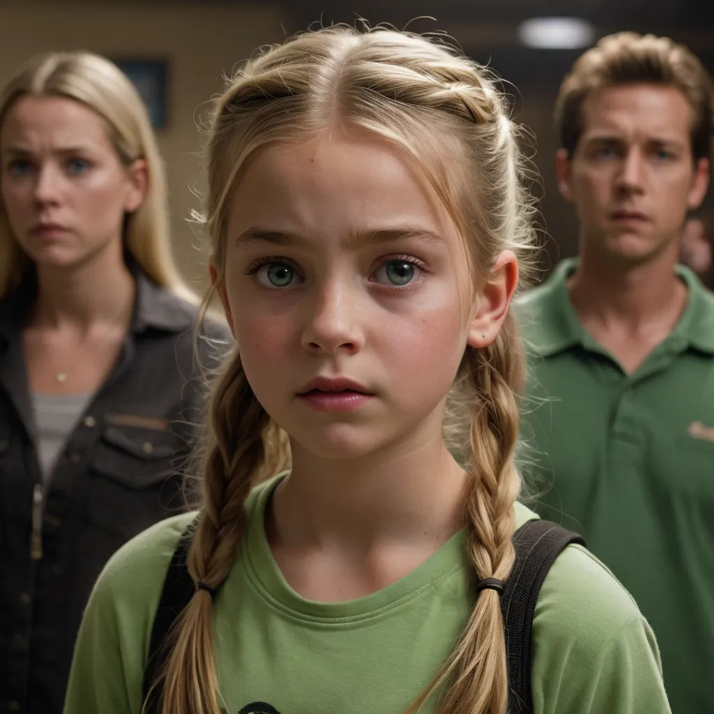 a young girl with a braid standing in front of a man and woman in a green shirt and black backpack, hyperrealism, a poster, Brad Holland, movie still