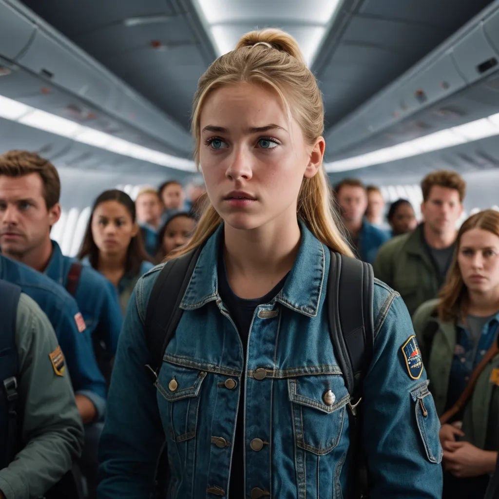 a group of people standing in a plane with a woman in a denim jacket looking at the camera with a serious look on her face, space art, a poster, Brad Holland, promotional image
