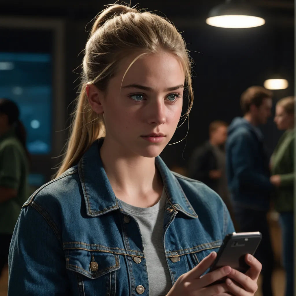 a woman in a denim jacket looking at her cell phone in a crowded room with people in the background, sots art, a character portrait, Eve Ryder, promotional image