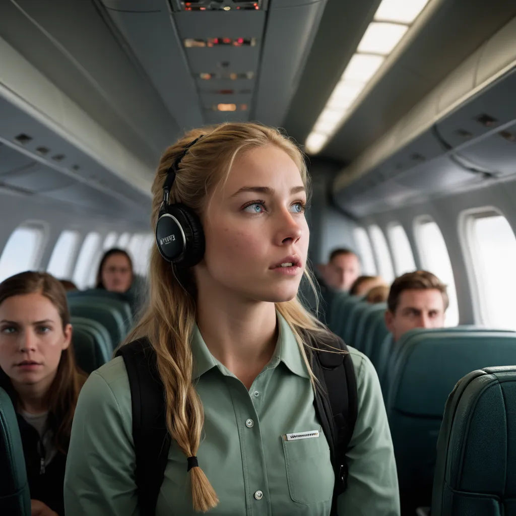a woman with headphones on sitting in an airplane with other people behind her looking out the window at the sky, serial art, a stock photo, Christabel Dennison, promotional image