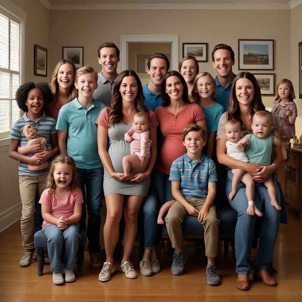 a large family is posing for a picture together in a living room with a baby in the middle of the group, excessivism, a stock photo, Eric Dinyer, promotional image