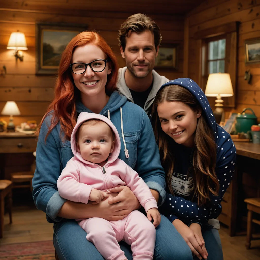 a man and woman holding a baby in a cabin with a baby girl in her lap and a man in a blue jacket, rayonism, a poster, Elinor Proby Adams, promotional image